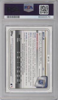 Bobby Witt Jr. from the 2020 Bowman set featuring a Purple parallel graded by PSA and given an overall grade of 9.