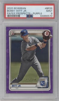 Bobby Witt Jr. from the 2020 Bowman set featuring a Purple parallel graded by PSA and given an overall grade of 9.