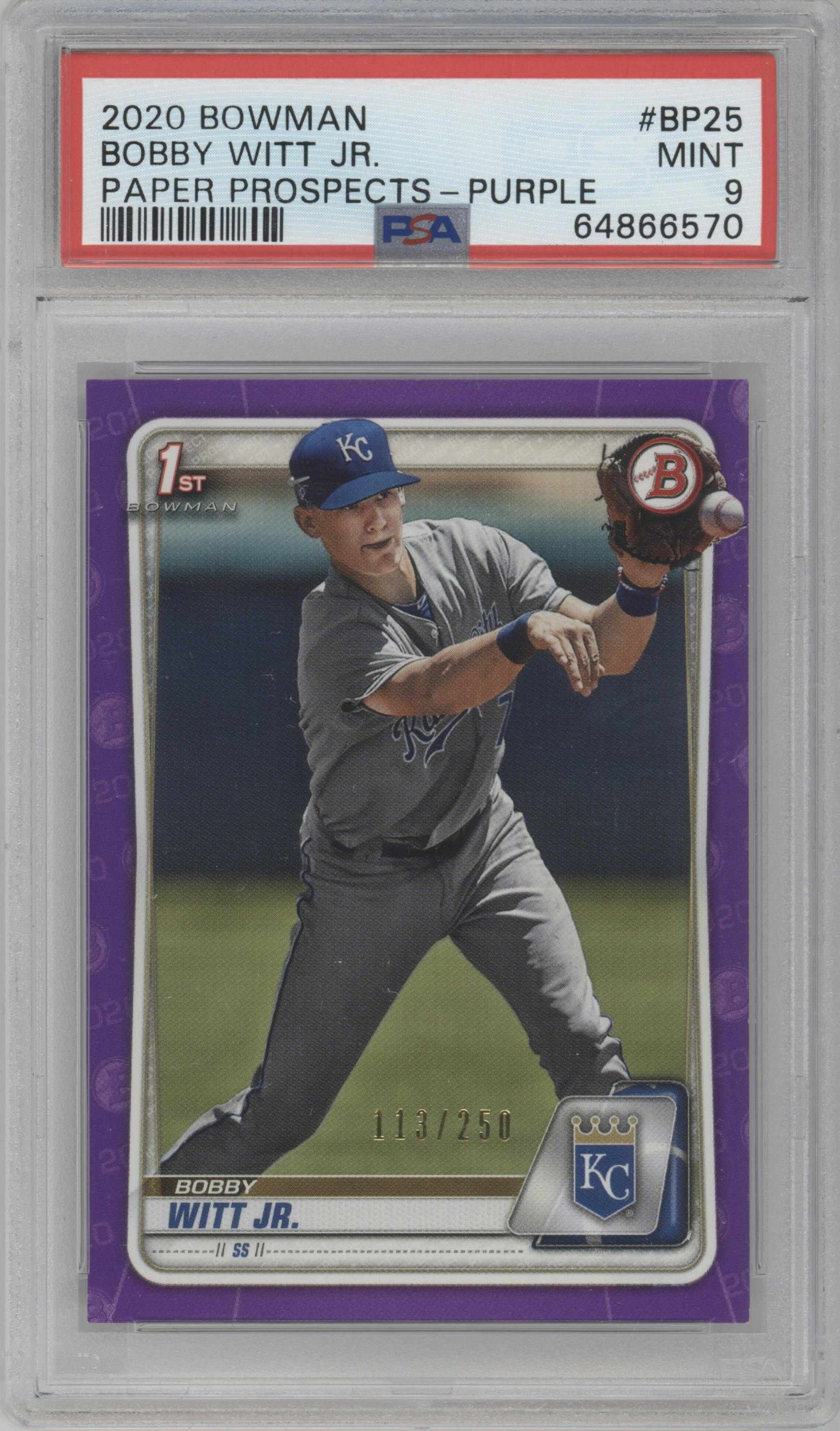 Bobby Witt Jr. from the 2020 Bowman set featuring a Purple parallel graded by PSA and given an overall grade of 9.