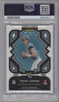 Trevor Lawrence from the 2021 Panini Obsidian set featuring a Electric Etch Orange parallel graded by PSA and given an overall grade of 9.
