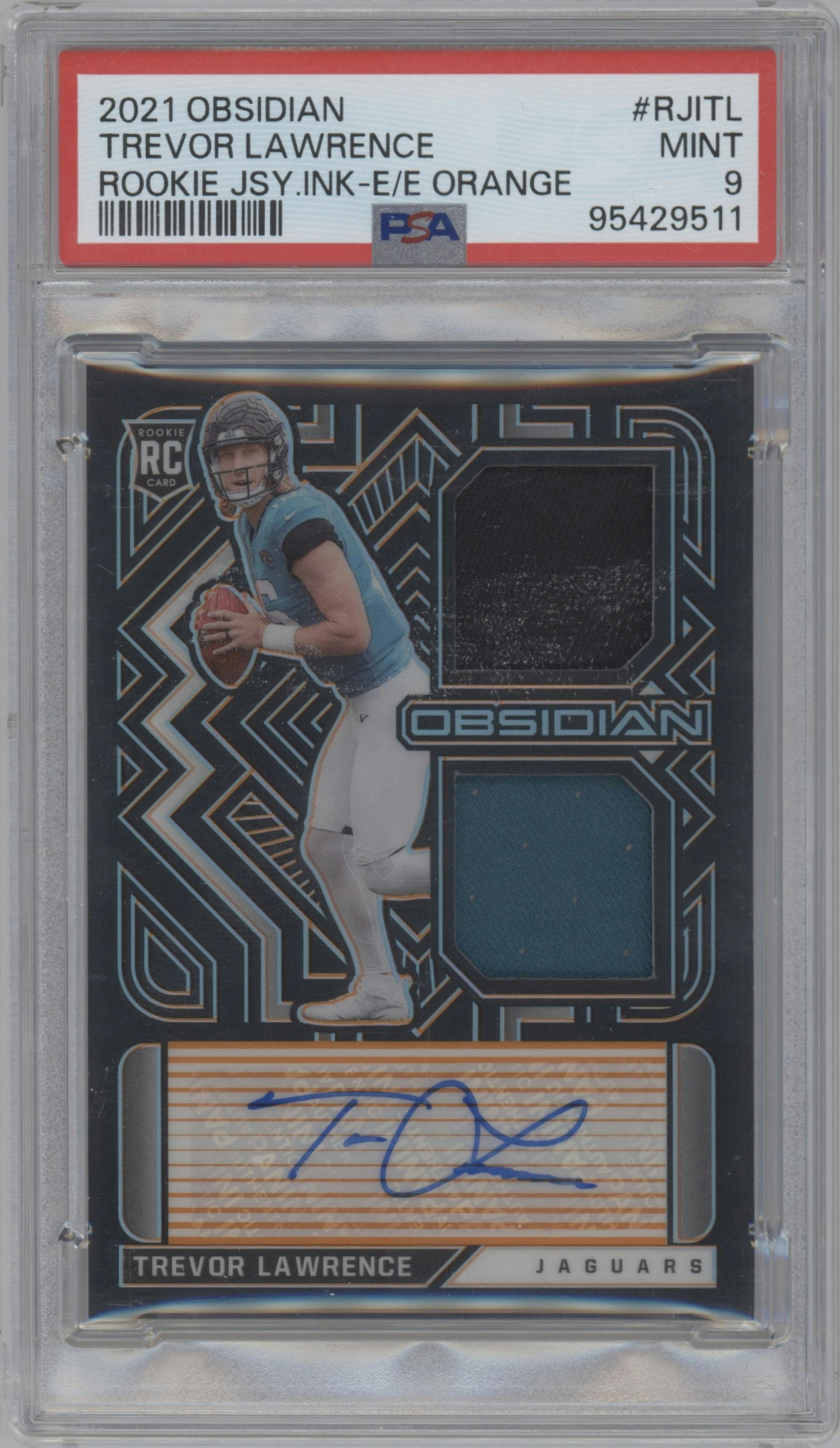 Trevor Lawrence from the 2021 Panini Obsidian set featuring a Electric Etch Orange parallel graded by PSA and given an overall grade of 9.