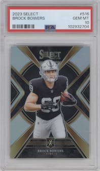 Brock Bowers from the 2023 Panini Select set graded by PSA and given an overall grade of 10.
