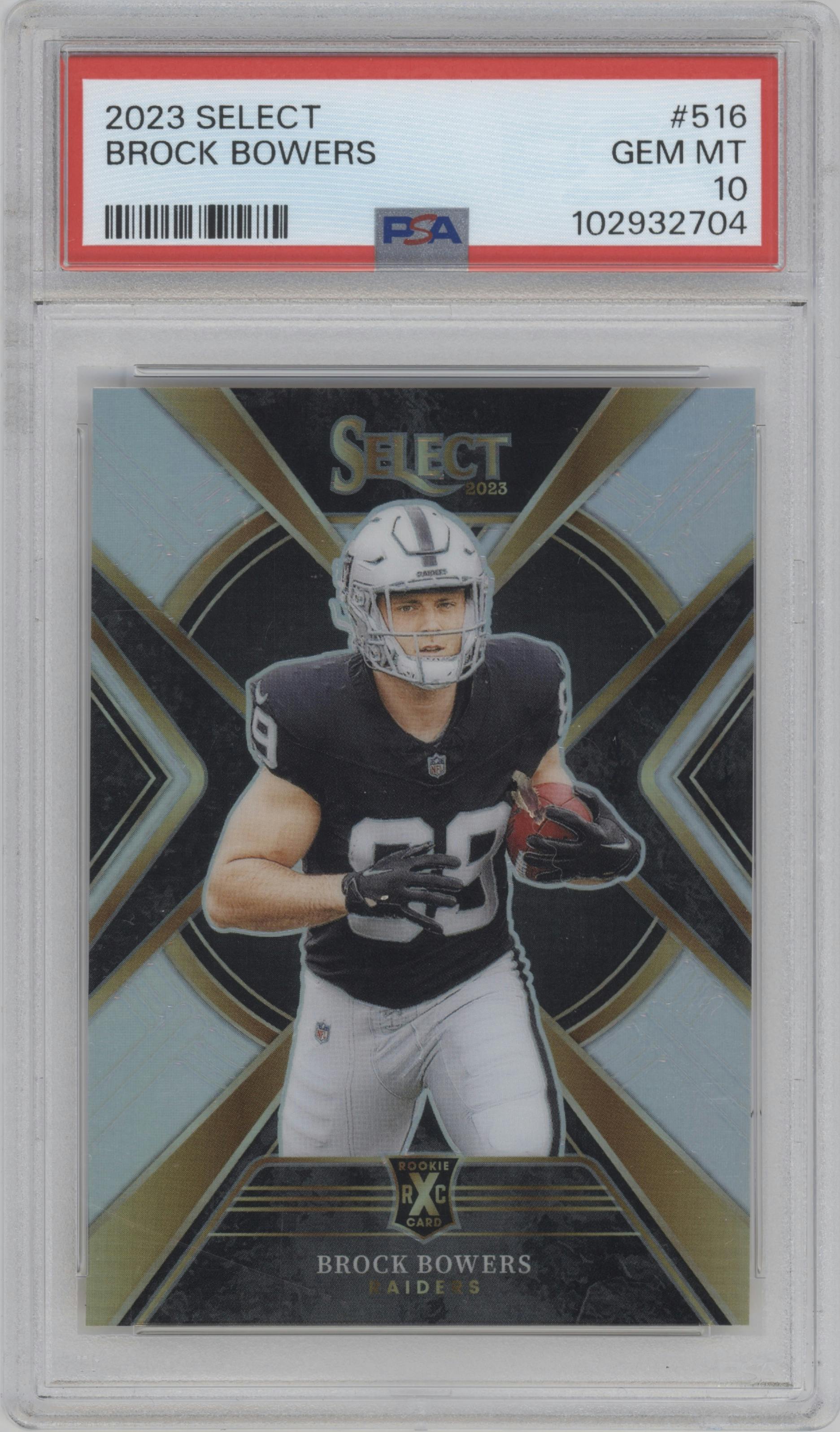 Brock Bowers from the 2023 Panini Select set graded by PSA and given an overall grade of 10.