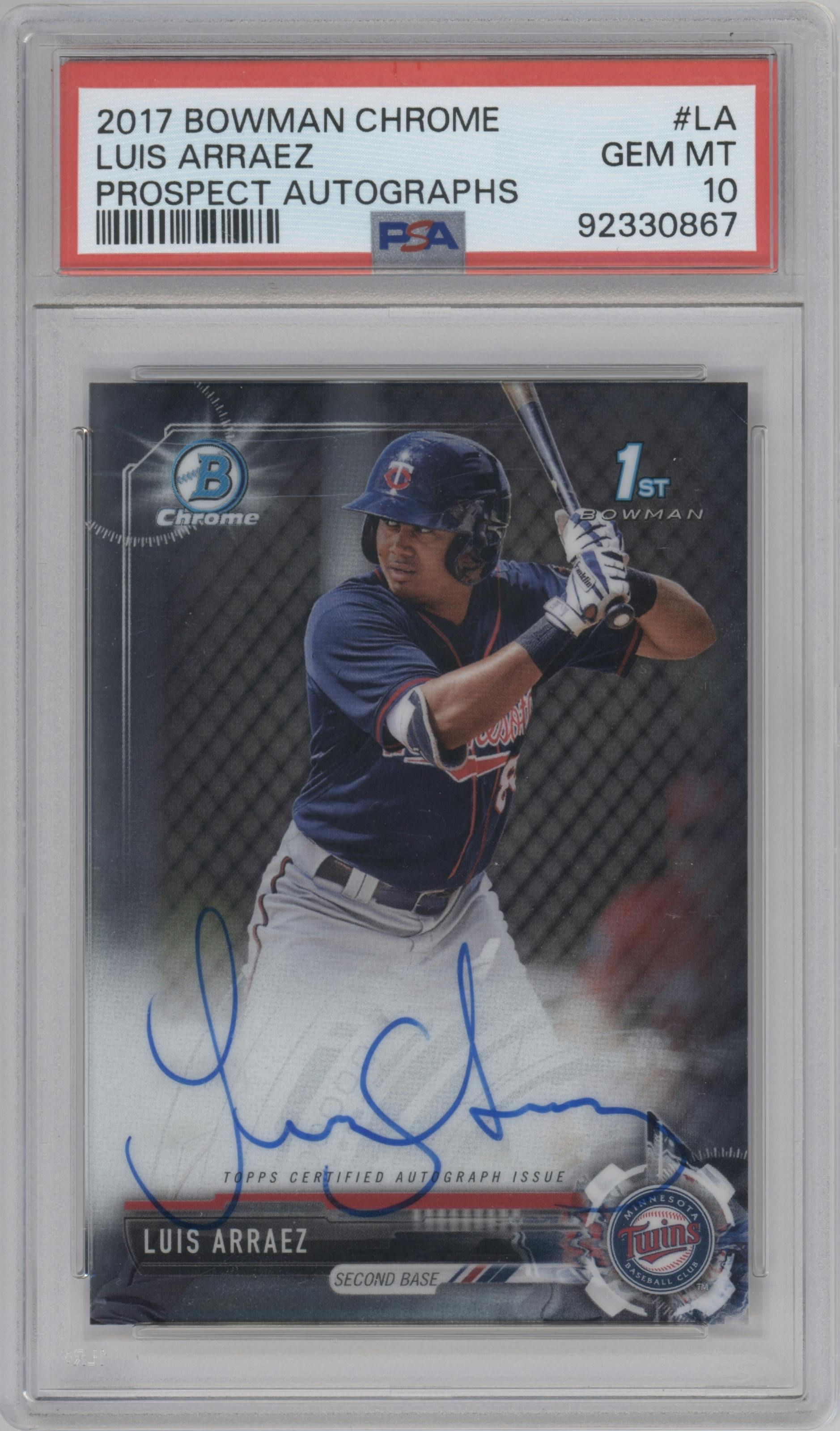 Luis Arraez from the 2017 Bowman Chrome set graded by PSA and given an overall grade of 10.