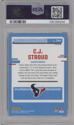 C.J. Stroud from the 2023 Donruss Optic set featuring a Blue Hyper parallel graded by PSA and given an overall grade of 10.
