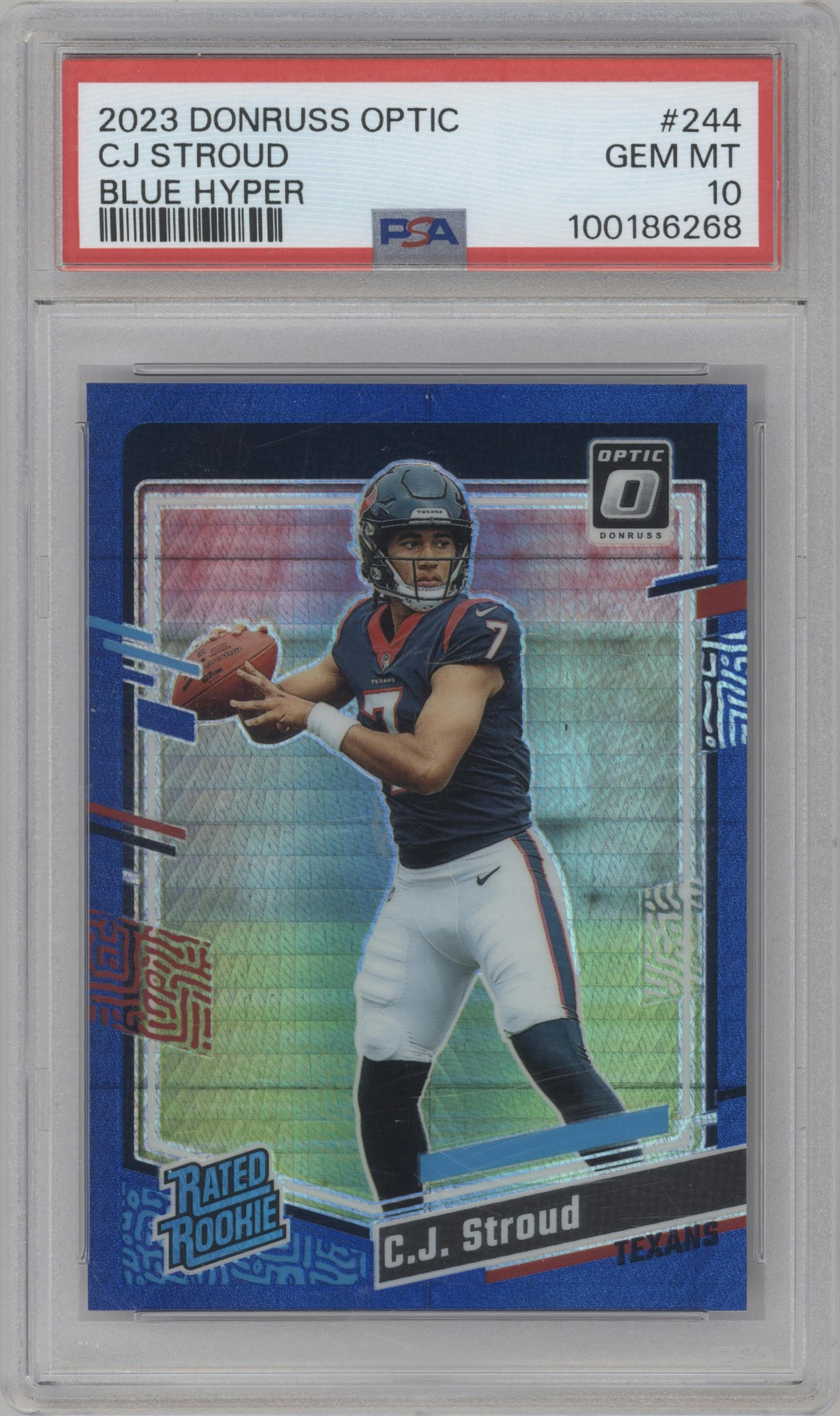 C.J. Stroud from the 2023 Donruss Optic set featuring a Blue Hyper parallel graded by PSA and given an overall grade of 10.