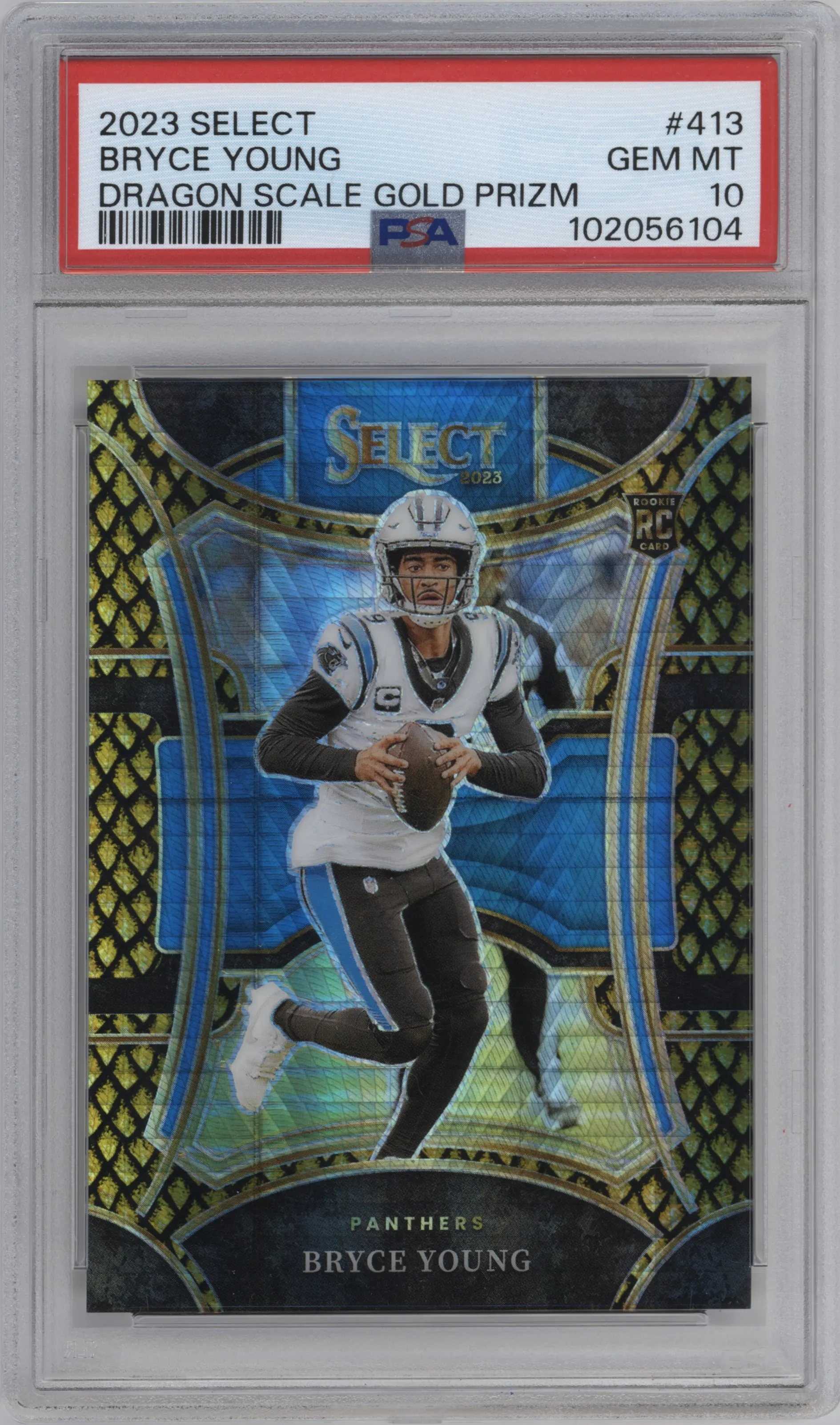Bryce Young from the 2023 Panini Select set featuring a Gold Dragon Scale parallel graded by PSA and given an overall grade of 10.