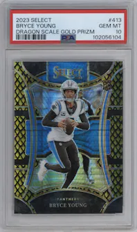 Bryce Young from the 2023 Panini Select set featuring a Gold Dragon Scale parallel graded by PSA and given an overall grade of 10.
