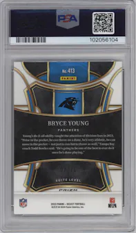 Bryce Young from the 2023 Panini Select set featuring a Gold Dragon Scale parallel graded by PSA and given an overall grade of 10.
