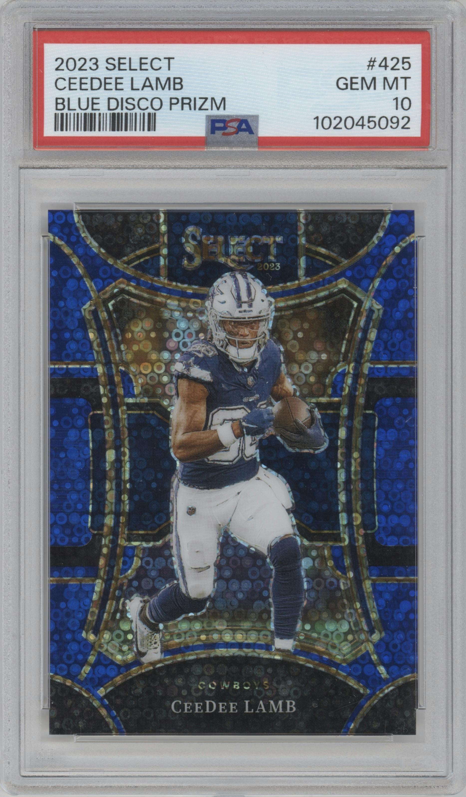 CeeDee Lamb from the 2023 Panini Select set featuring a Disco Blue parallel graded by PSA and given an overall grade of 10.