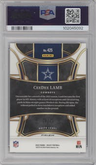 CeeDee Lamb from the 2023 Panini Select set featuring a Disco Blue parallel graded by PSA and given an overall grade of 10.