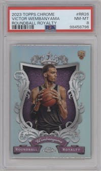 Victor Wembanyama from the 2023-24 Topps Chrome set graded by PSA and given an overall grade of 8.