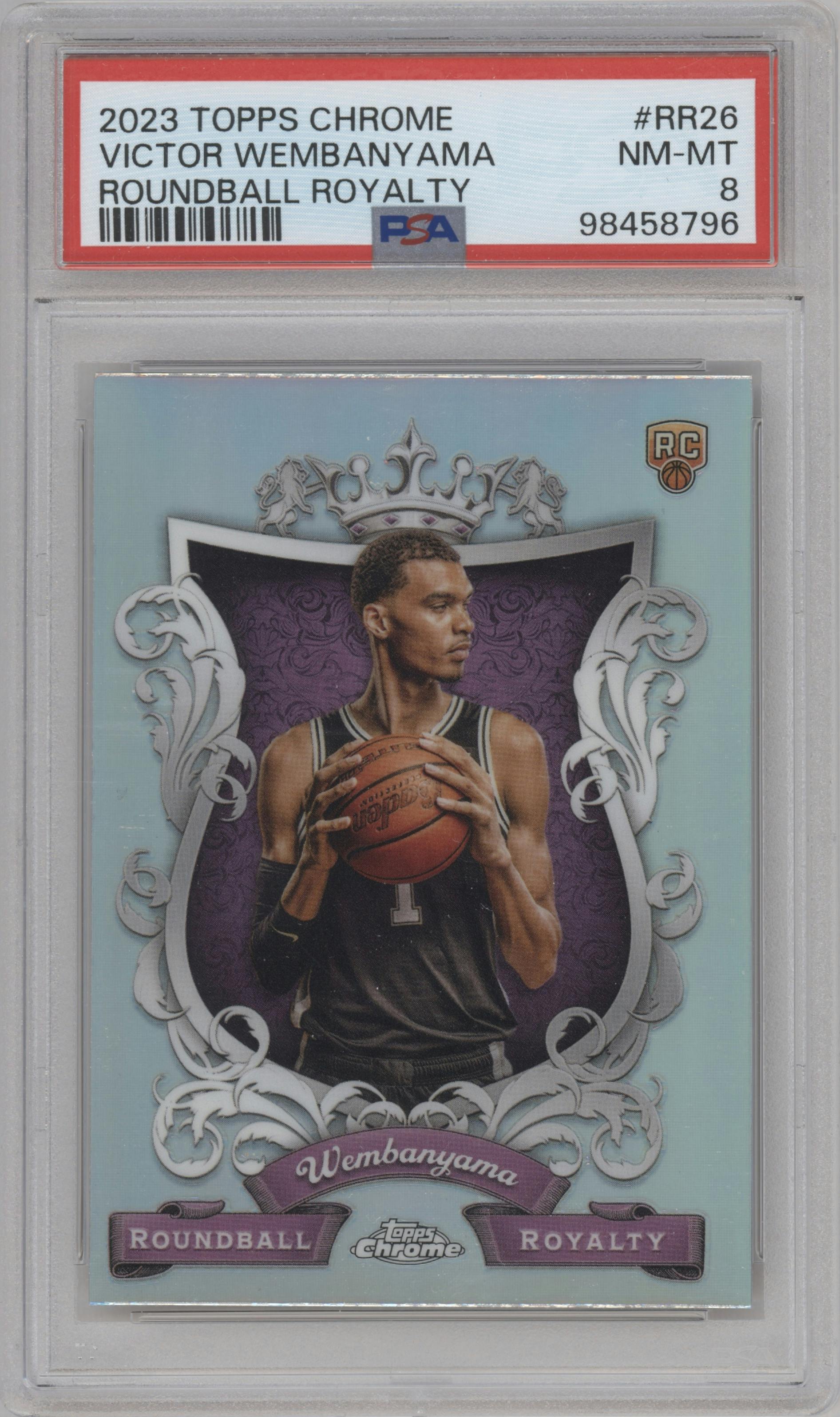 Victor Wembanyama from the 2023-24 Topps Chrome set graded by PSA and given an overall grade of 8.