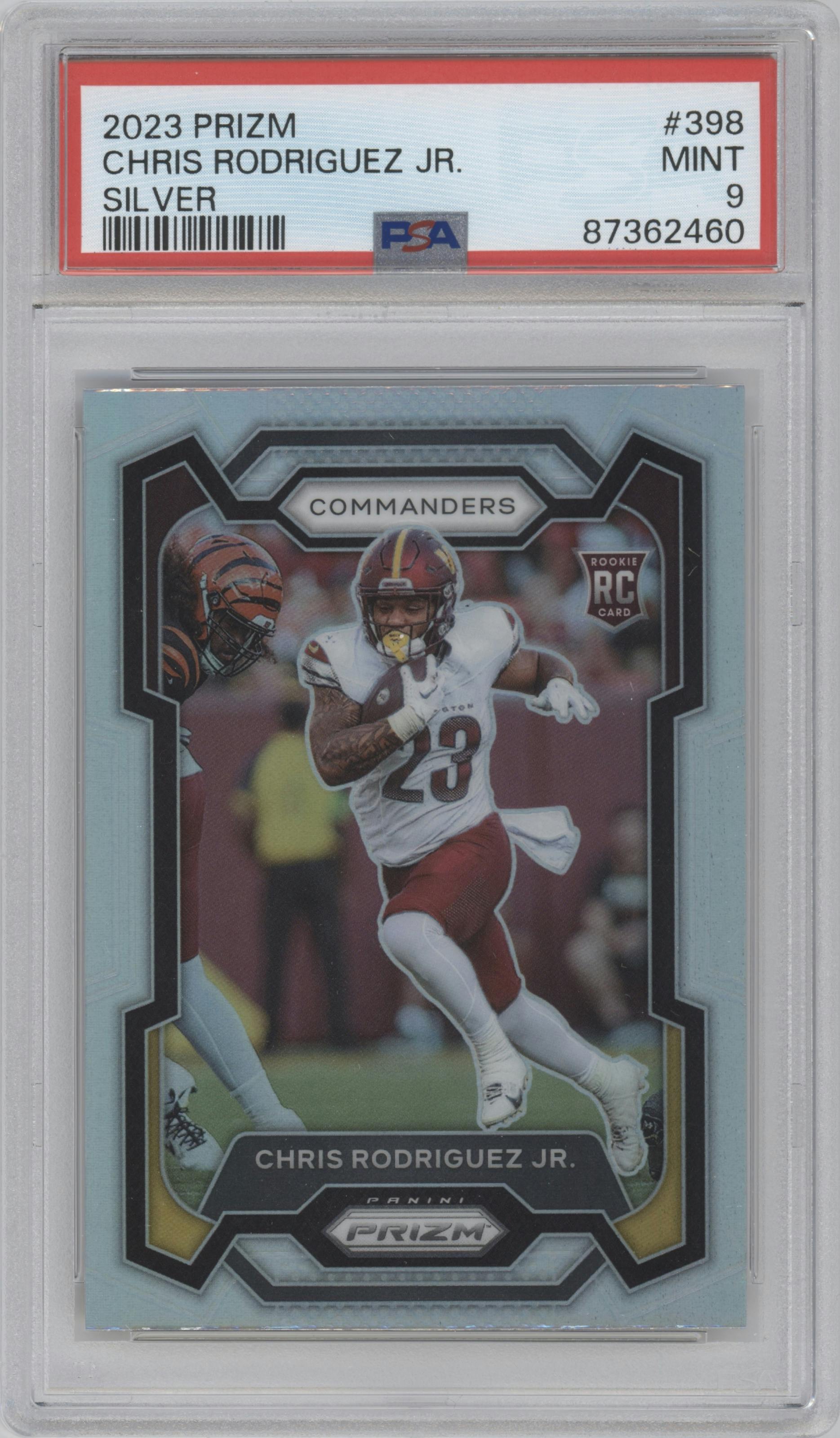 Chris Rodriguez Jr. from the 2023 Panini Prizm set featuring a Silver Prizm parallel graded by PSA and given an overall grade of 9.