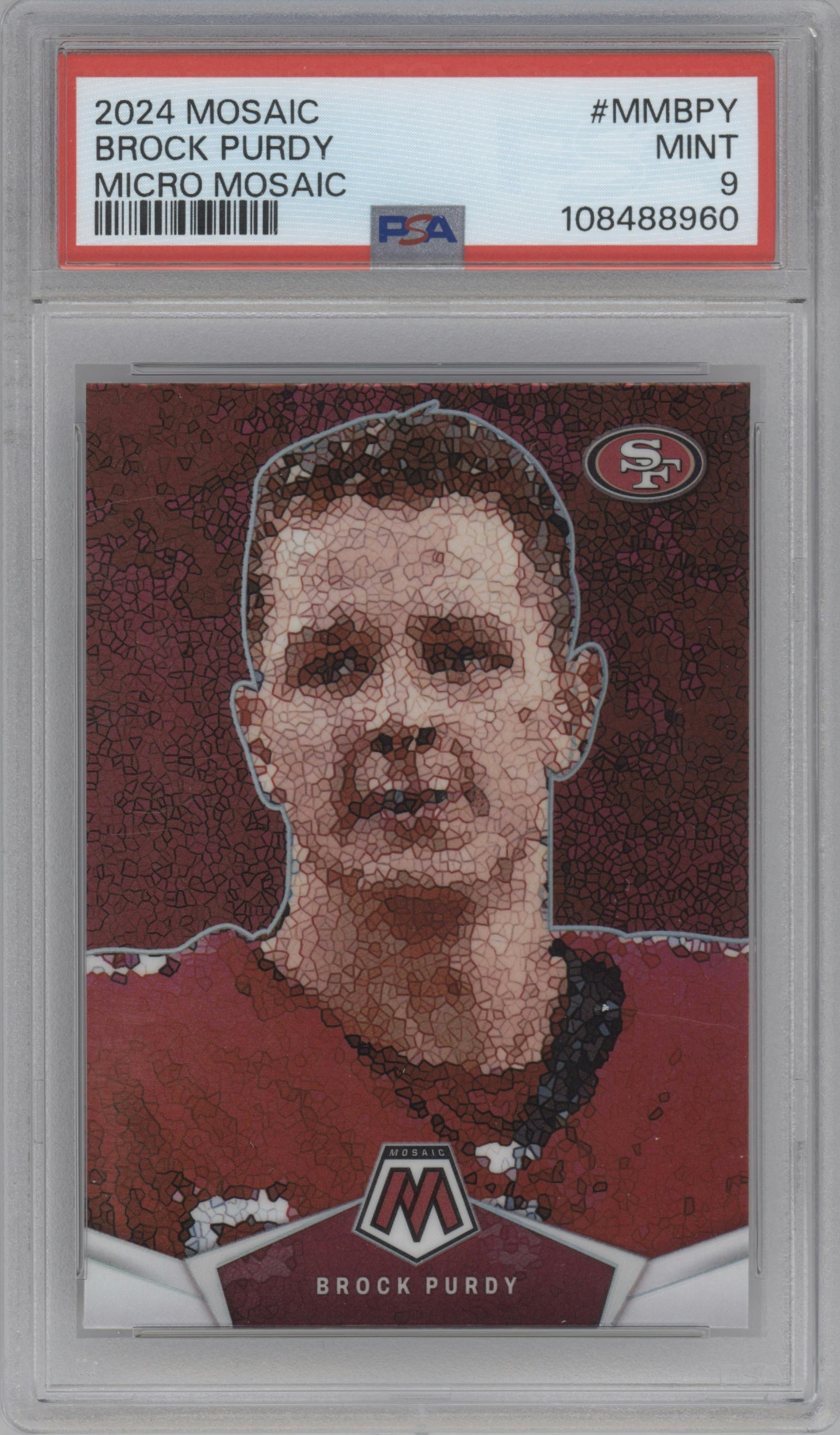 Brock Purdy from the 2024 Panini Mosaic set graded by PSA and given an overall grade of 9.