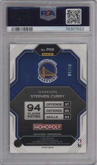 Stephen Curry from the 2022-23 Panini Prizm Monopoly set featuring a Purple Money Shimmer parallel graded by PSA and given an overall grade of 10.