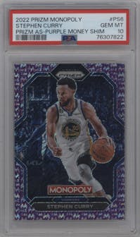 Stephen Curry from the 2022-23 Panini Prizm Monopoly set featuring a Purple Money Shimmer parallel graded by PSA and given an overall grade of 10.