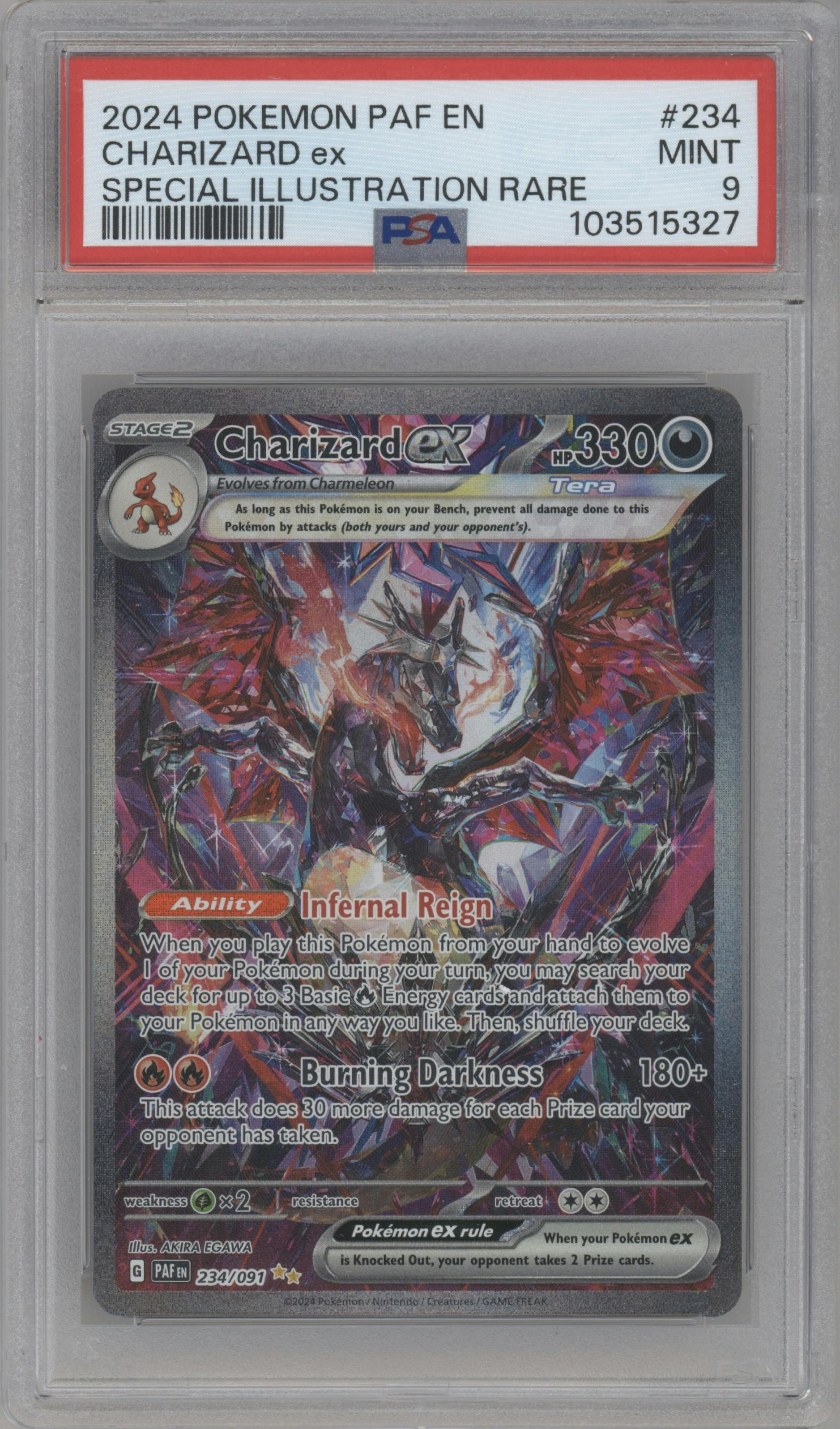 Charizard ex from the 2024 Pokemon SV set graded by PSA and given an overall grade of 9.