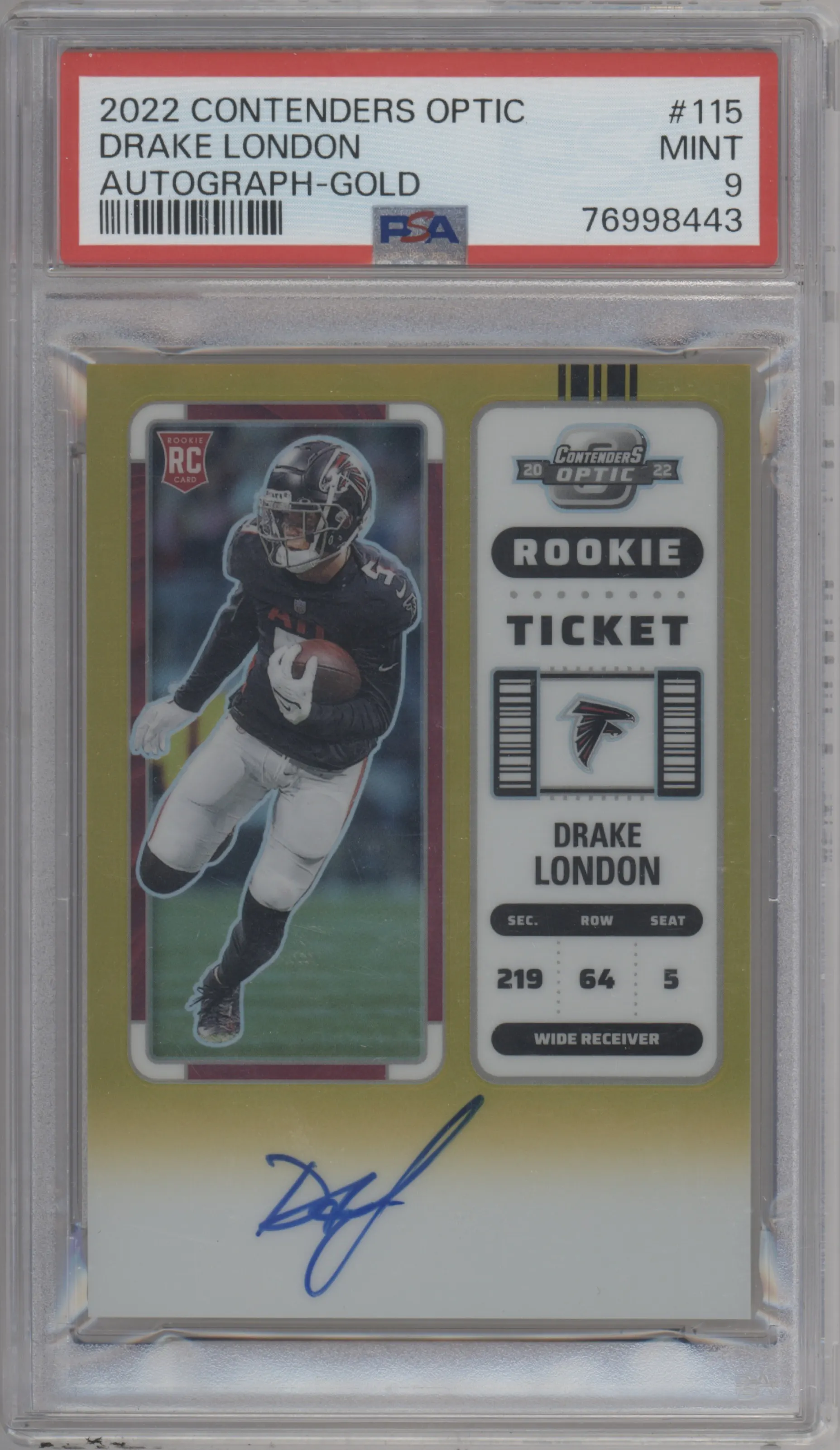 2022 Panini Contenders Optic Rke.Tkt.Auto Drake London Gold #115 PSA 9