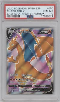 Charizard V from the 2020 Pokemon SWSH set featuring a Champion's Path ETB parallel graded by PSA and given an overall grade of 10.