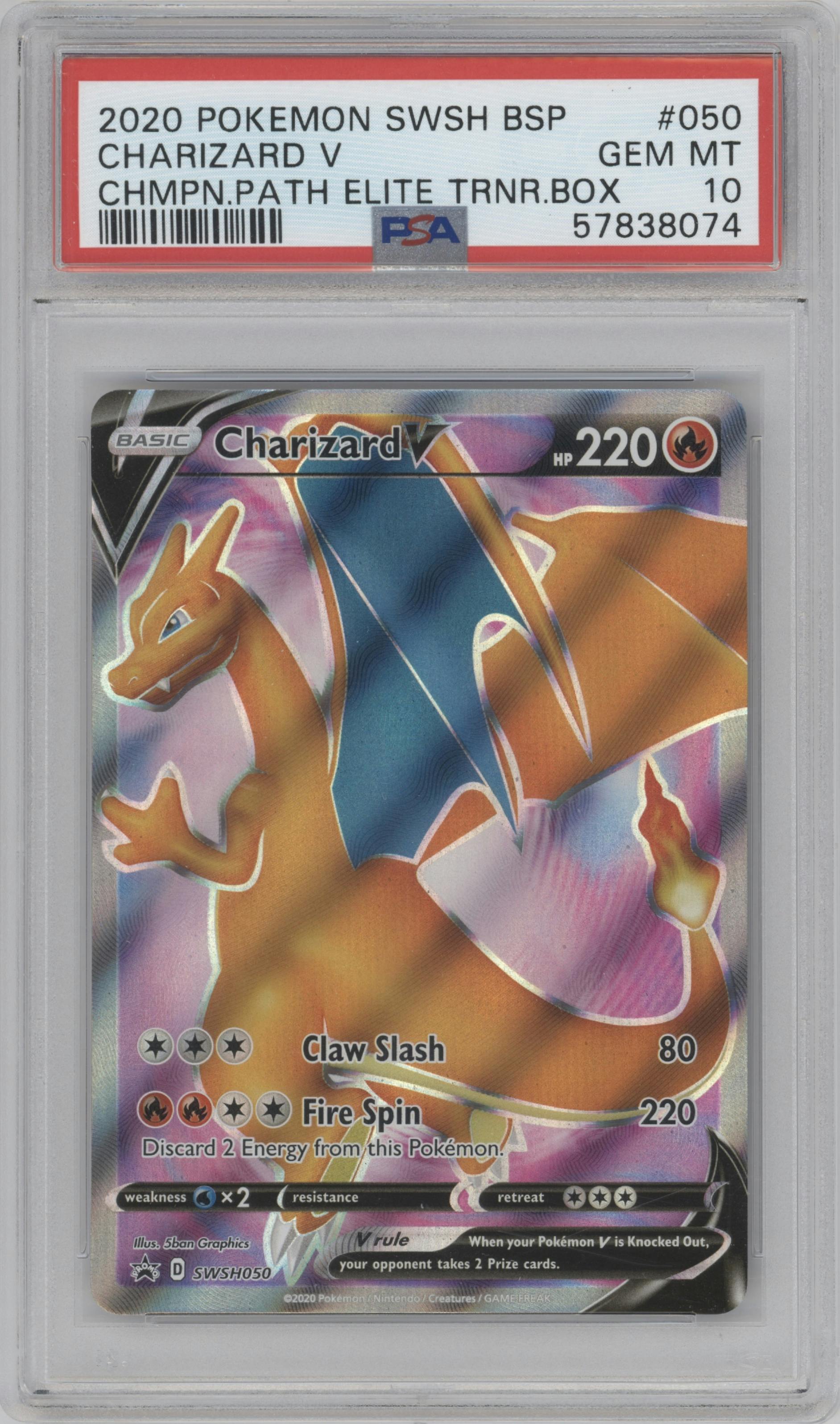 Charizard V from the 2020 Pokemon SWSH set featuring a Champion's Path ETB parallel graded by PSA and given an overall grade of 10.