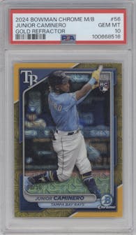 Junior Caminero from the 2024 Bowman Chrome Mega Box set featuring a Gold Mojo Refractors parallel graded by PSA and given an overall grade of 10.