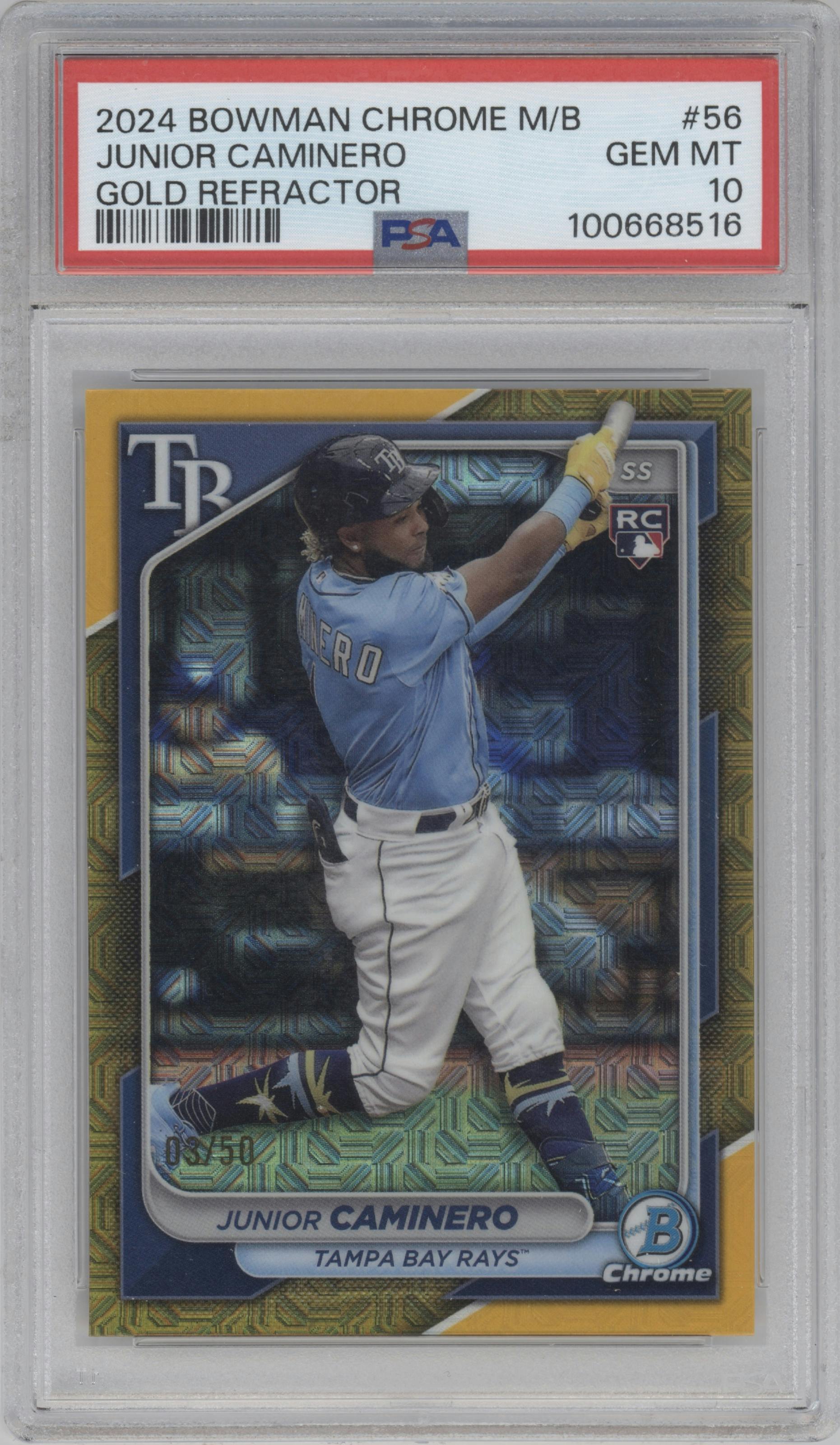 Junior Caminero from the 2024 Bowman Chrome Mega Box set featuring a Gold Mojo Refractors parallel graded by PSA and given an overall grade of 10.