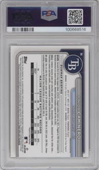 Junior Caminero from the 2024 Bowman Chrome Mega Box set featuring a Gold Mojo Refractors parallel graded by PSA and given an overall grade of 10.