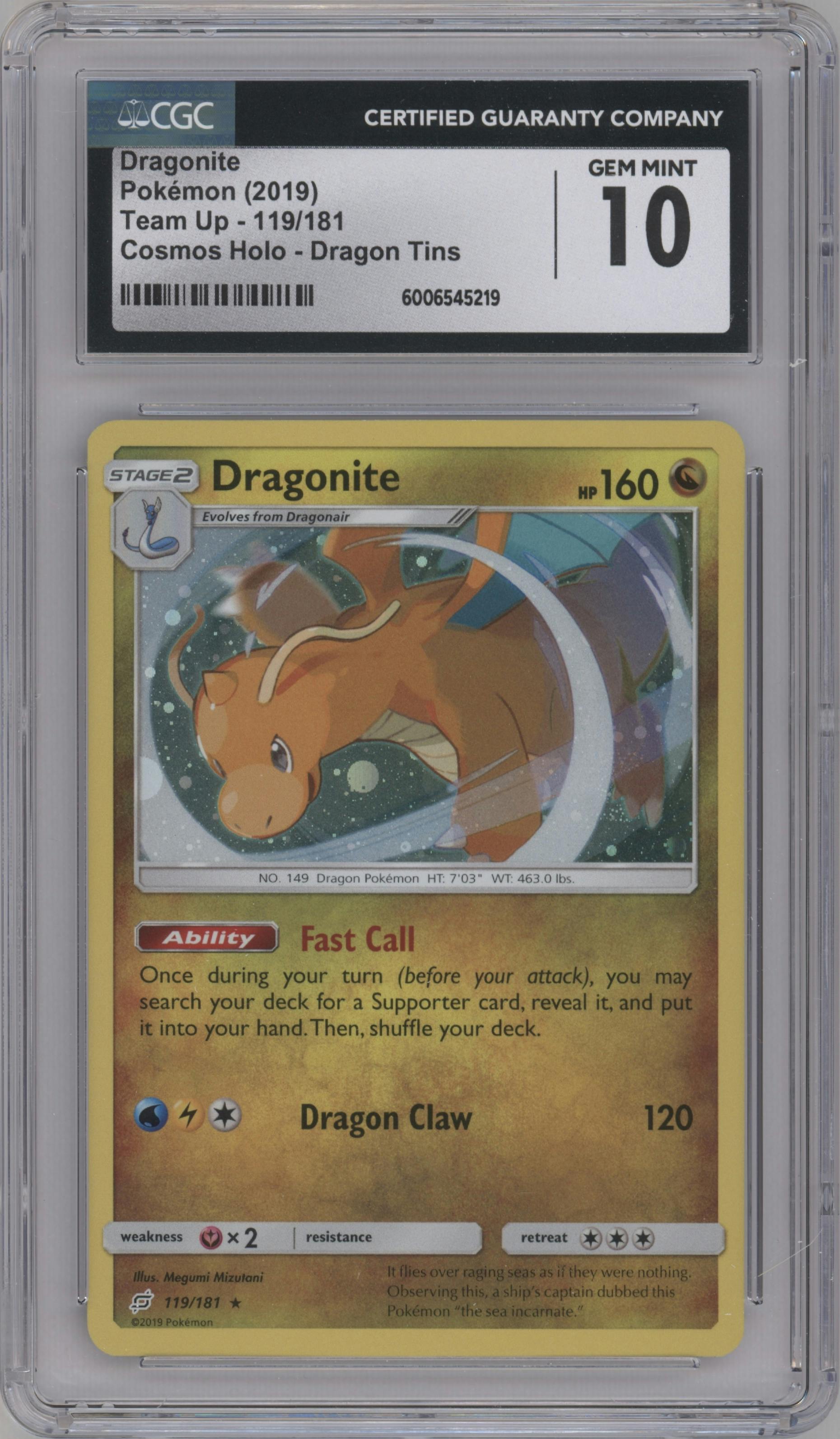 Dragonite from the 2019 Pokemon S&M  set featuring a Dragon Tins Exclusive parallel graded by CSG and given an overall grade of 10.
