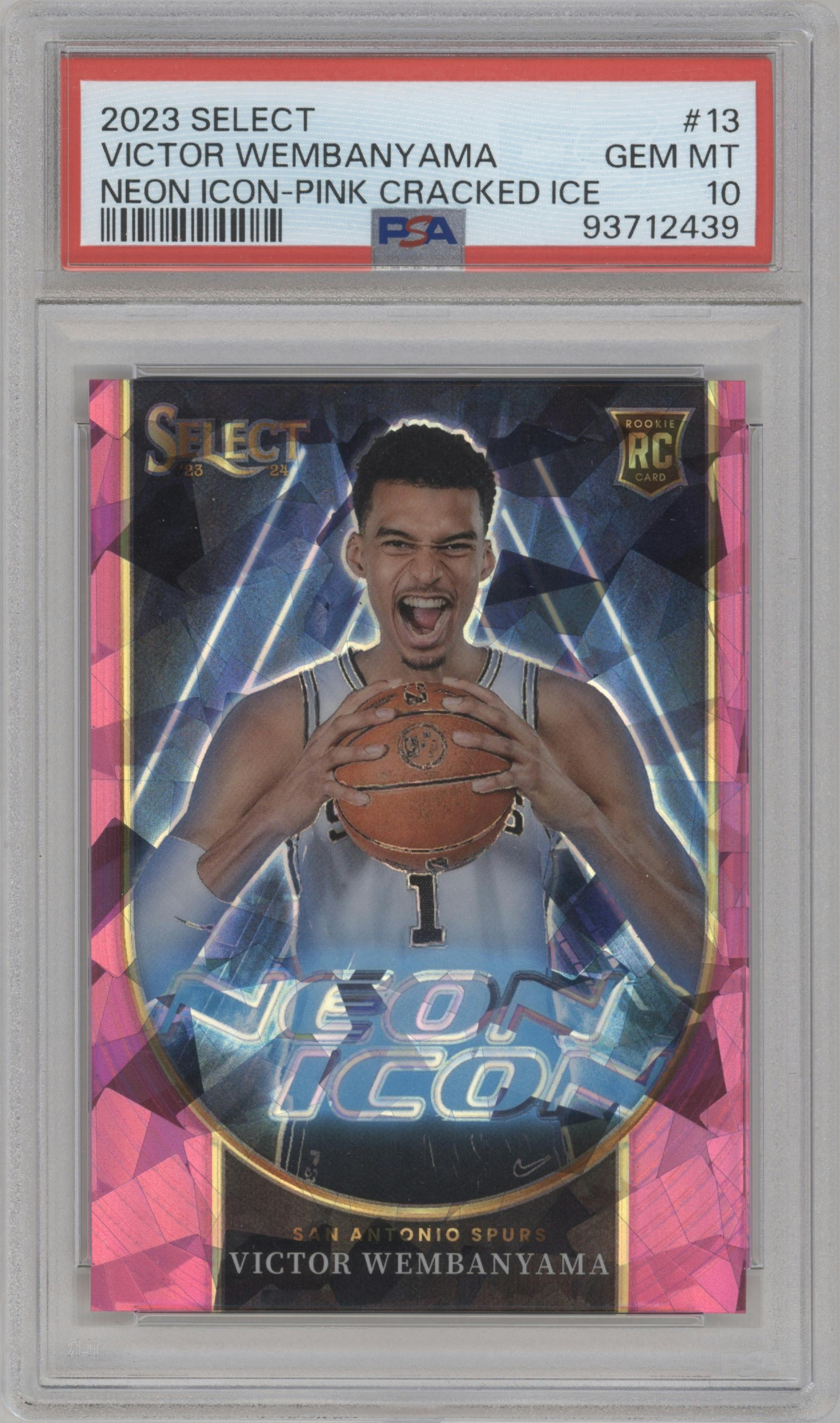 Victor Wembanyama from the 2023-24 Panini Select  set featuring a Pink Cracked Ice parallel graded by PSA and given an overall grade of 10.
