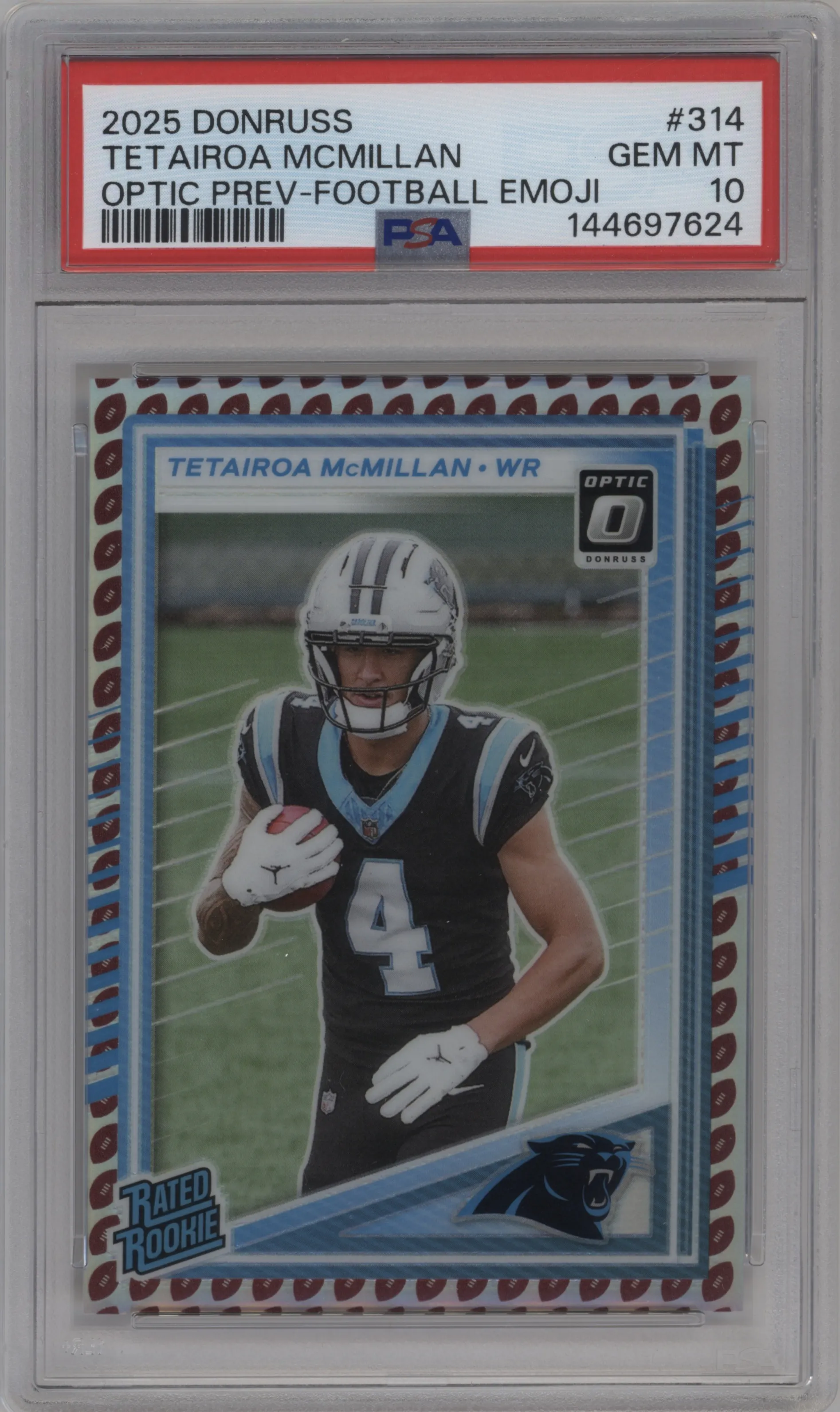 2025 Panini Donruss Opt.Rtd.Rke.Prev. Tetairoa McMillan Football Emoji #314 PSA 10