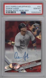 Aaron Judge from the 2017 Topps Chrome Baseball Complete Set Sapphire Edition set featuring a Ruby Red parallel graded by PSA and given an overall grade of 10.