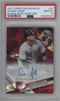 Aaron Judge from the 2017 Topps Chrome Baseball Complete Set Sapphire Edition set featuring a Ruby Red parallel graded by PSA and given an overall grade of 10.