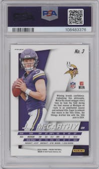 J.J. McCarthy from the 2024 Panini Prizm set graded by PSA and given an overall grade of 10.