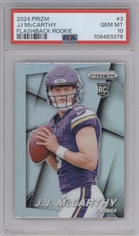 J.J. McCarthy from the 2024 Panini Prizm set graded by PSA and given an overall grade of 10.