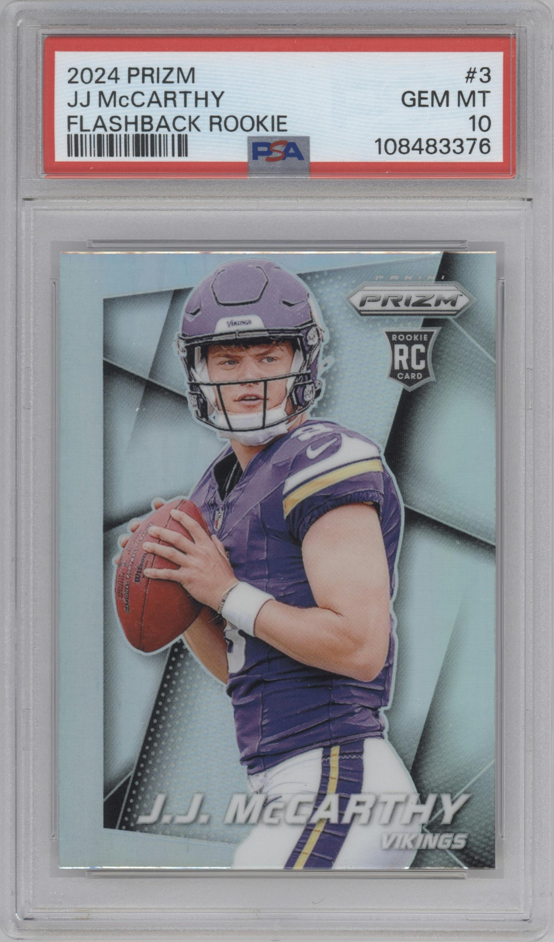 J.J. McCarthy from the 2024 Panini Prizm set graded by PSA and given an overall grade of 10.