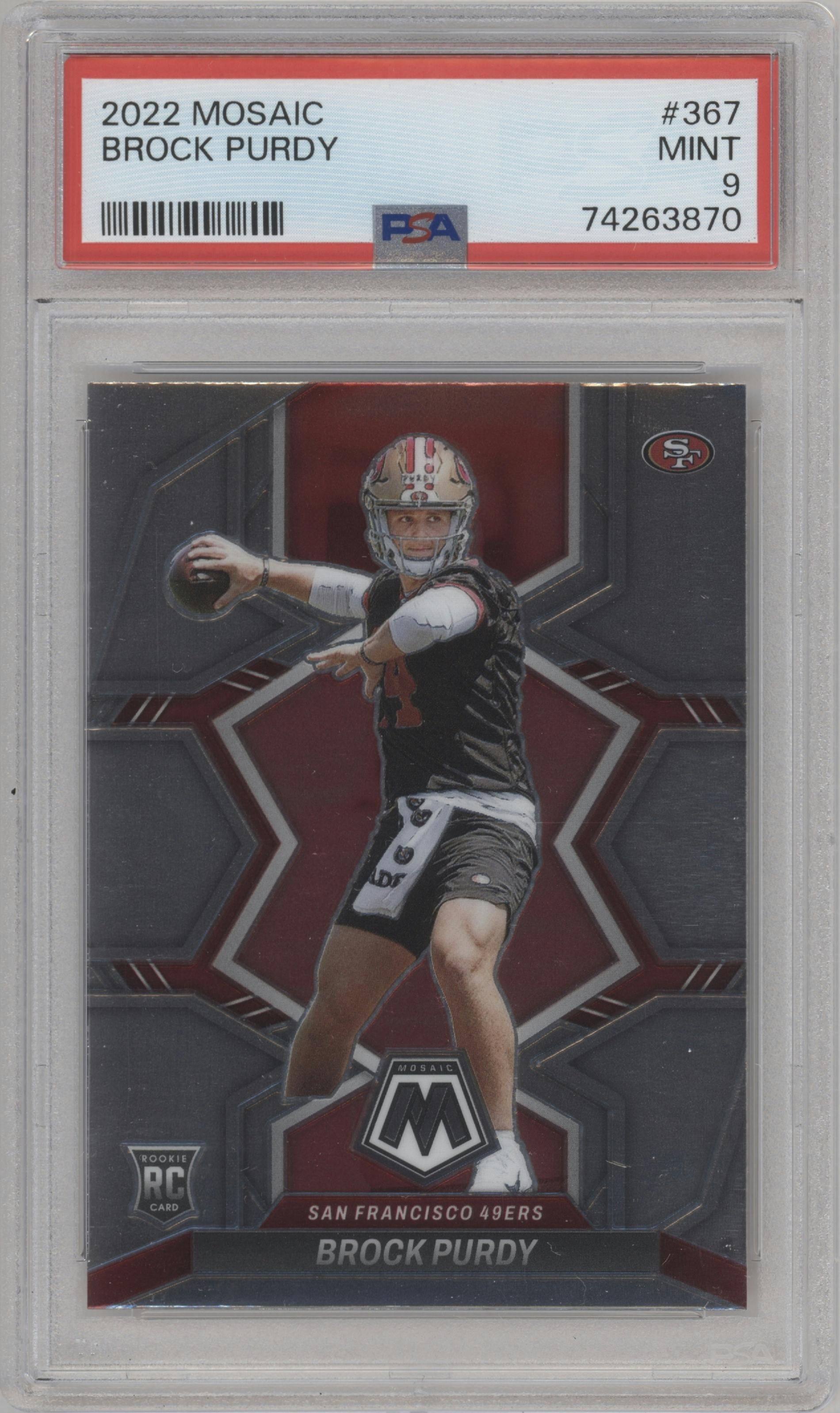 Brock Purdy from the 2022 Panini Mosaic set graded by PSA and given an overall grade of 9.