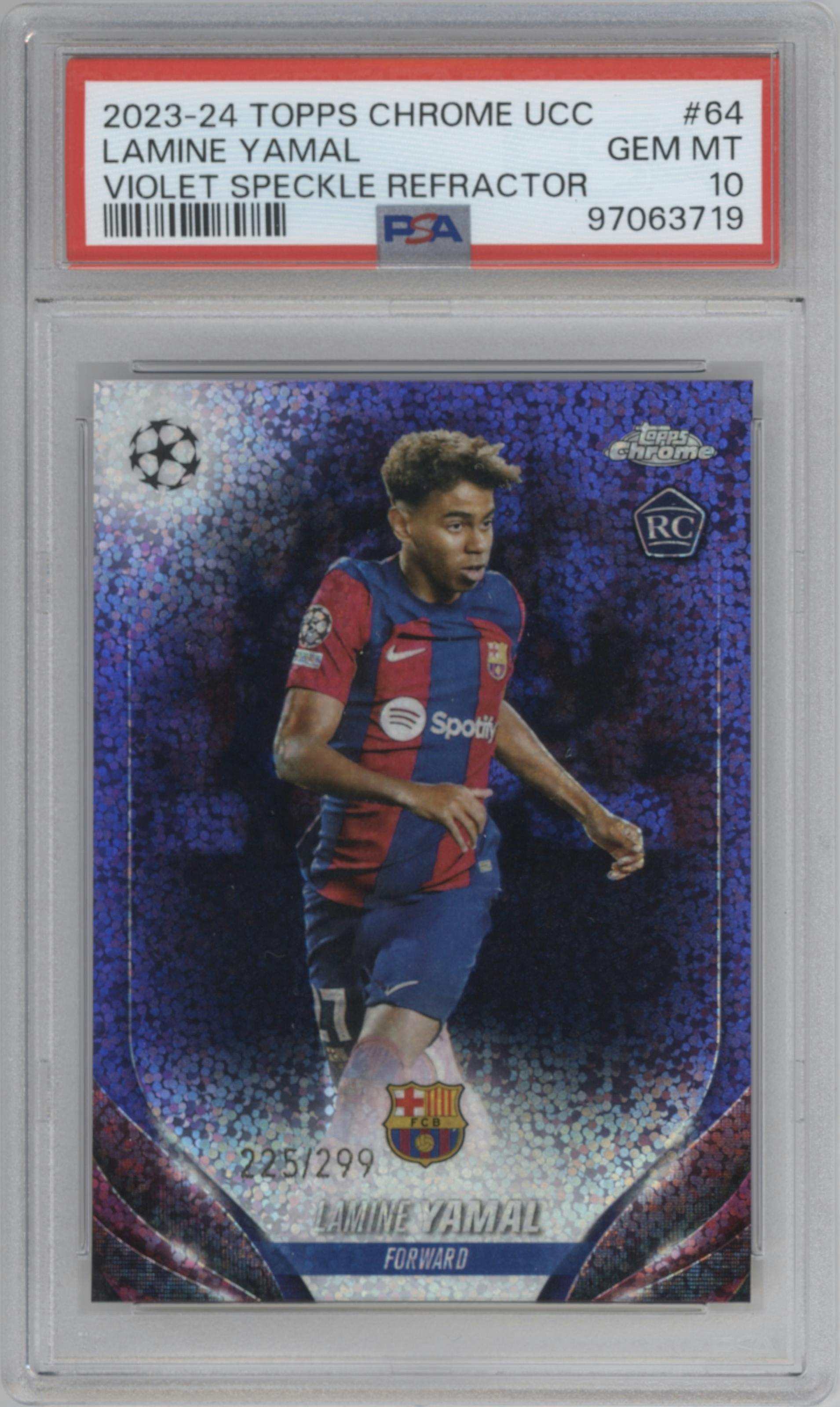 Lamine Yamal from the 2023-24 Topps Chrome UEFA Club Competitions set featuring a Violet Speckle Refractor parallel graded by PSA and given an overall grade of 10.