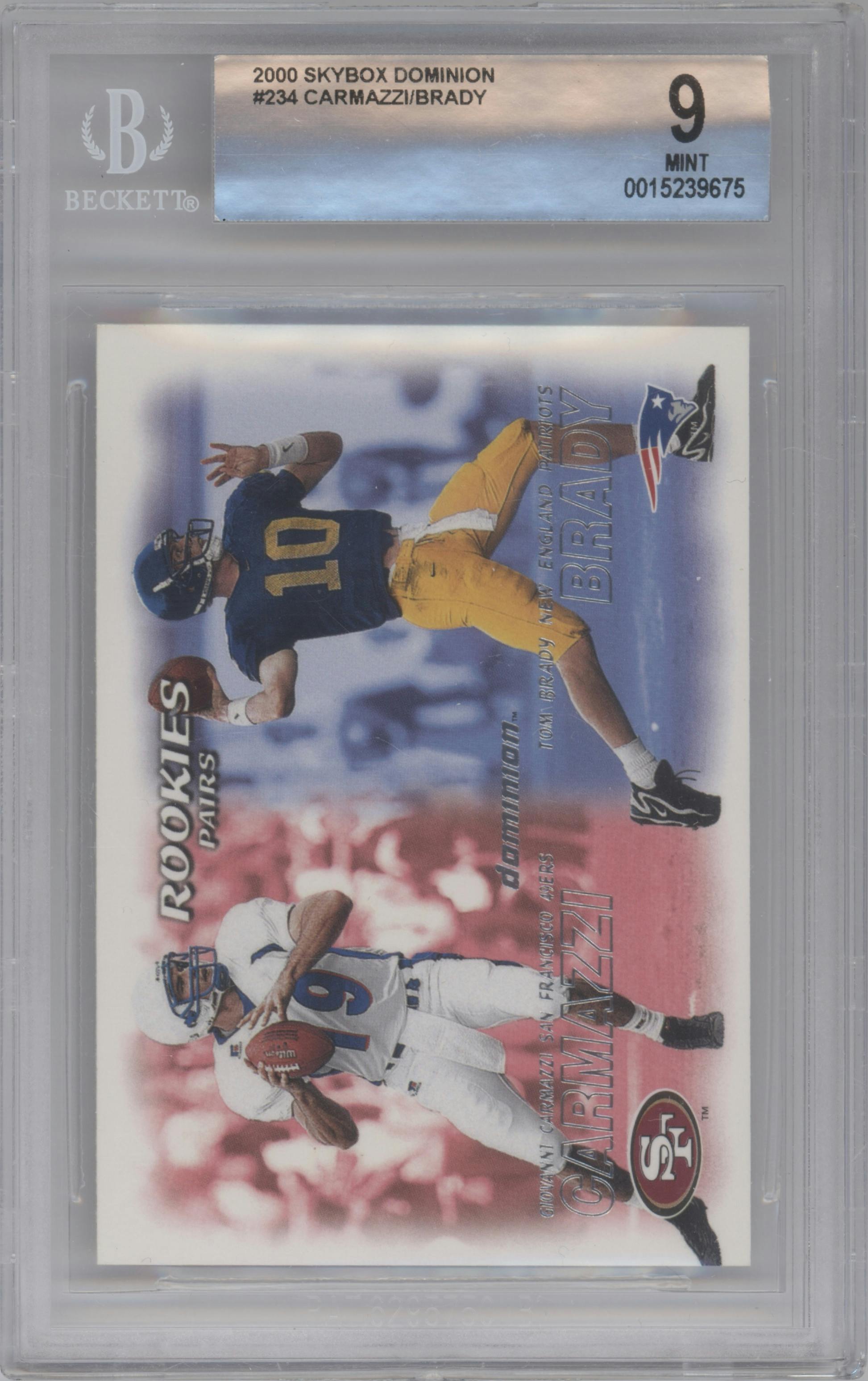 Giovanni Carmazzi/Tom Brady from the 2000 Skybox Dominion set graded by Beckett and given an overall grade of 9.