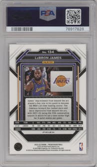 LeBron James from the 2022-23 Panini Prizm  set featuring a Silver Prizm parallel graded by PSA and given an overall grade of 10.