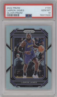 LeBron James from the 2022-23 Panini Prizm  set featuring a Silver Prizm parallel graded by PSA and given an overall grade of 10.