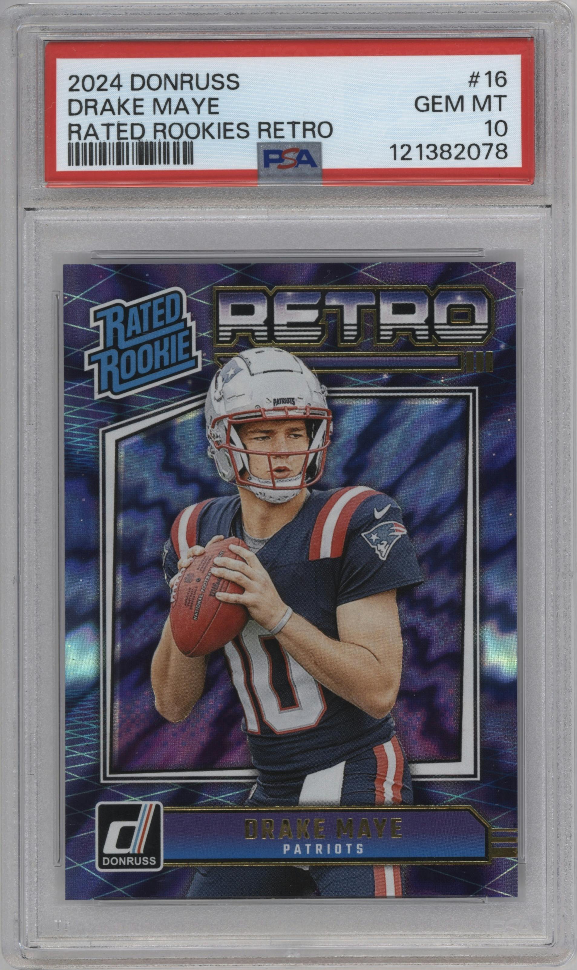Drake Maye from the 2024 Donruss set graded by PSA and given an overall grade of 10.