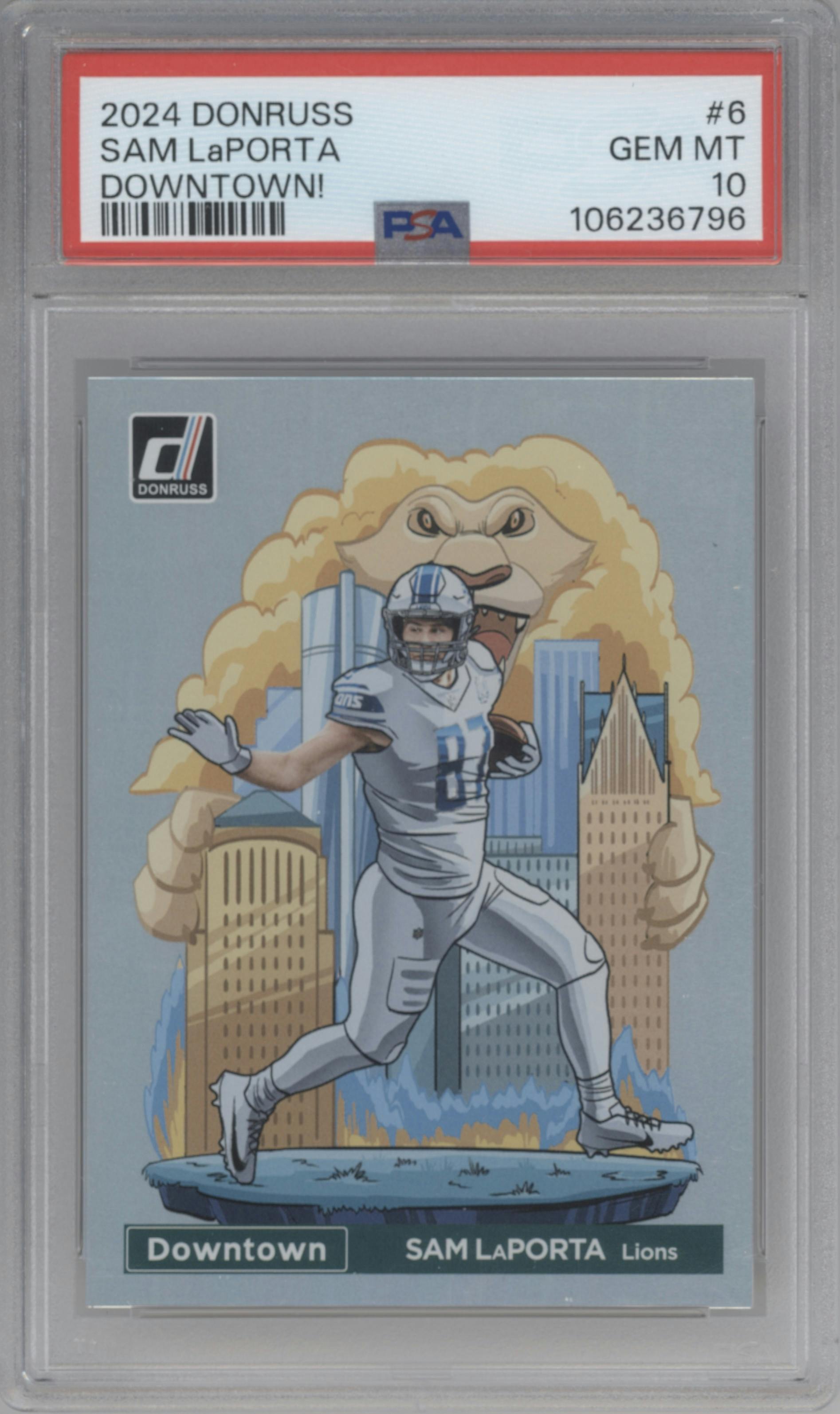Sam LaPorta from the 2024 Donruss set graded by PSA and given an overall grade of 10.