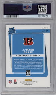 Ja'Marr Chase from the 2021 Panini Donruss Optic set featuring a Blue Scope parallel graded by PSA and given an overall grade of 10.