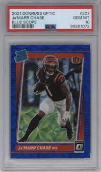Ja'Marr Chase from the 2021 Panini Donruss Optic set featuring a Blue Scope parallel graded by PSA and given an overall grade of 10.