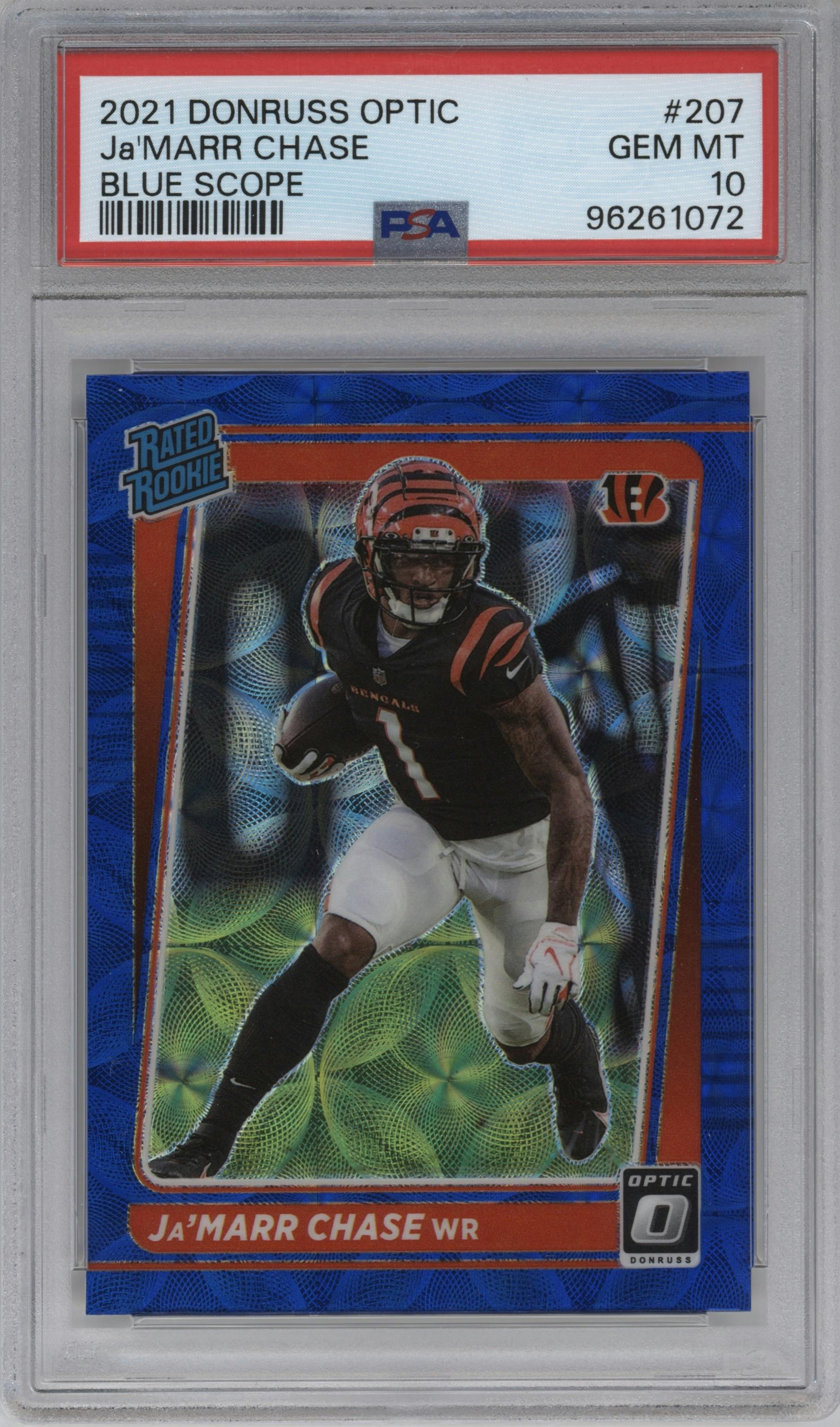 Ja'Marr Chase from the 2021 Panini Donruss Optic set featuring a Blue Scope parallel graded by PSA and given an overall grade of 10.