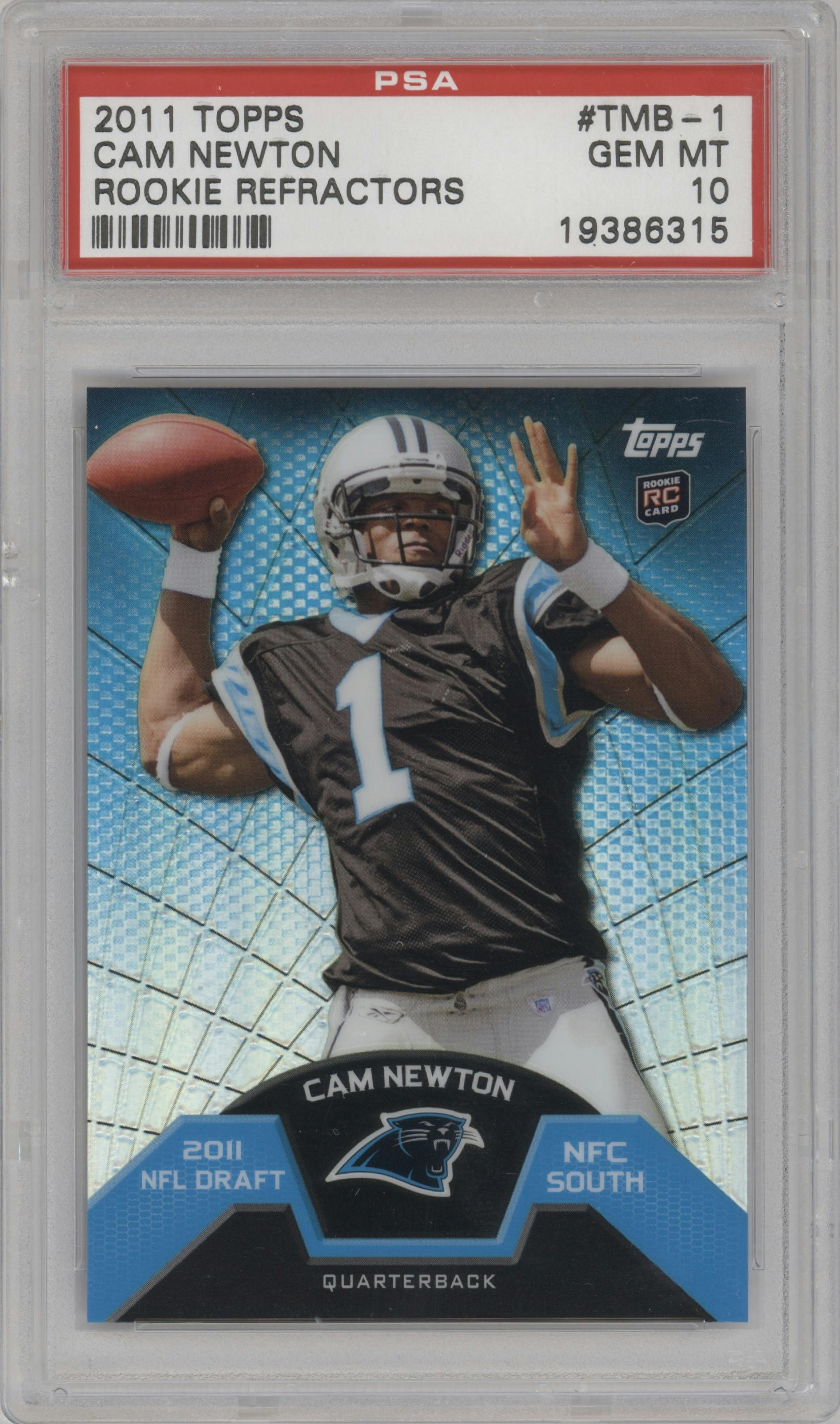 Cam Newton from the 2011 Topps set graded by PSA and given an overall grade of 10.