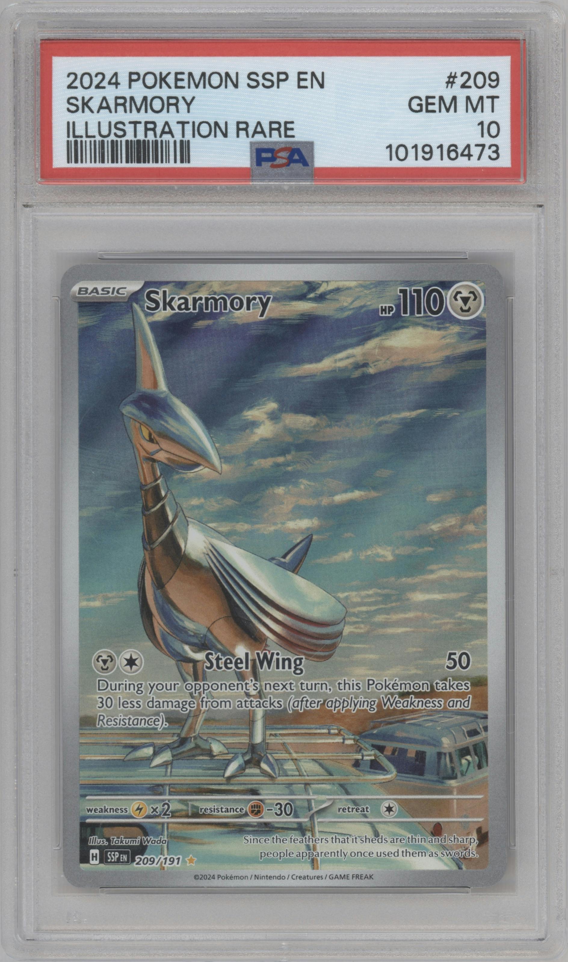 Skarmory from the 2024 Pokemon SV set graded by PSA and given an overall grade of 10.