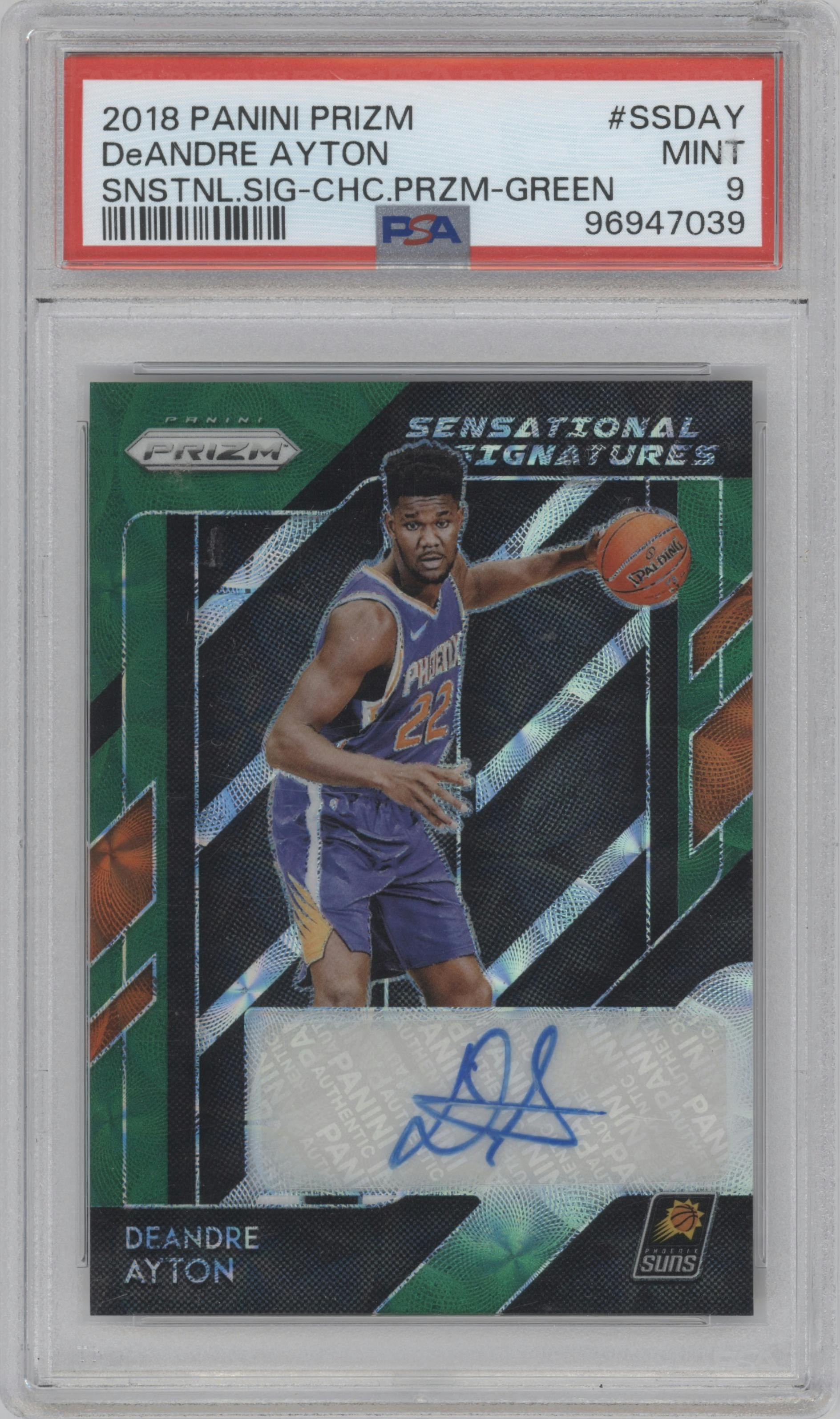 Deandre Ayton from the 2018-19 Panini Prizm set featuring a Choice Green parallel graded by PSA and given an overall grade of 9.