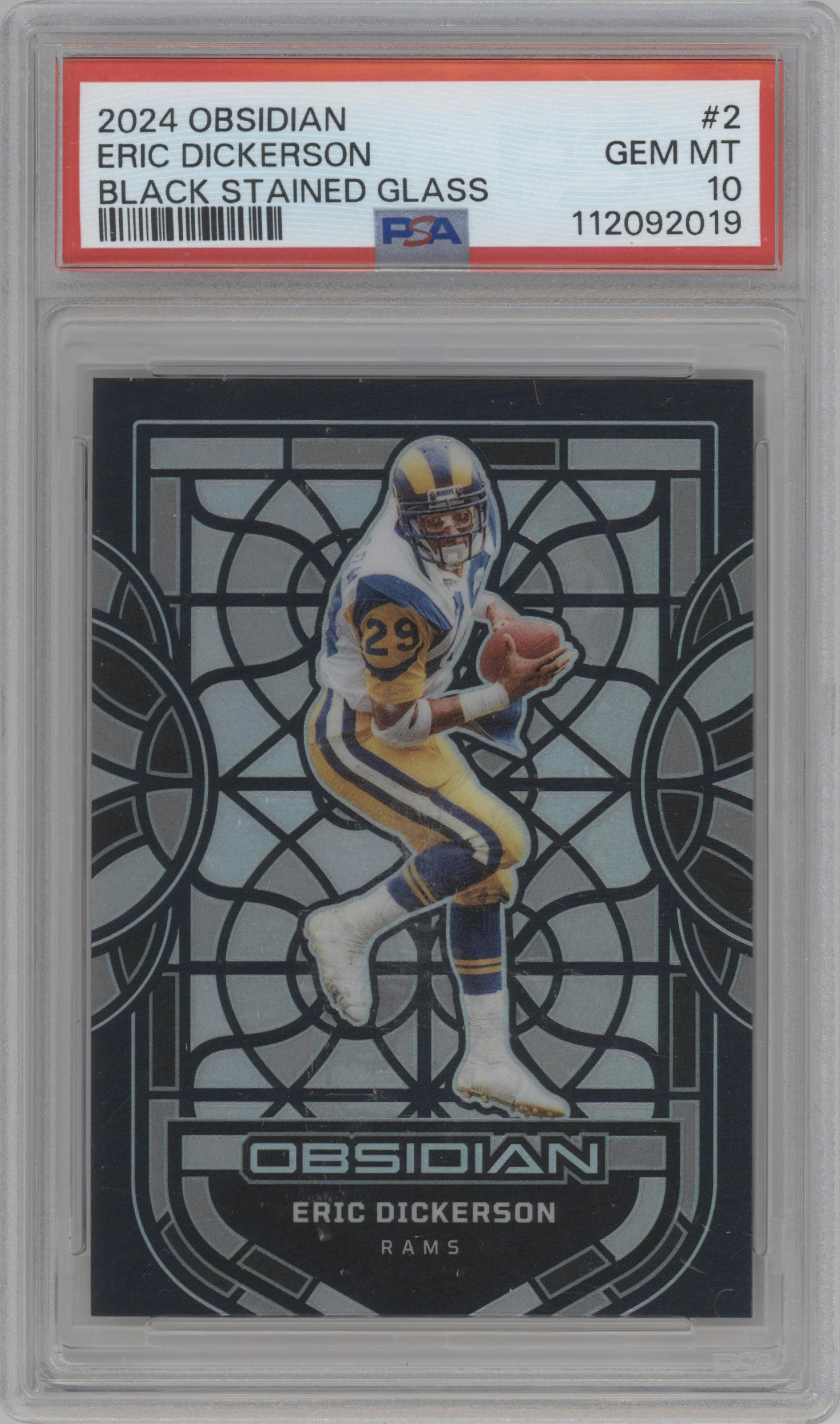 Eric Dickerson from the 2024 Panini Obsidian set graded by PSA and given an overall grade of 10.